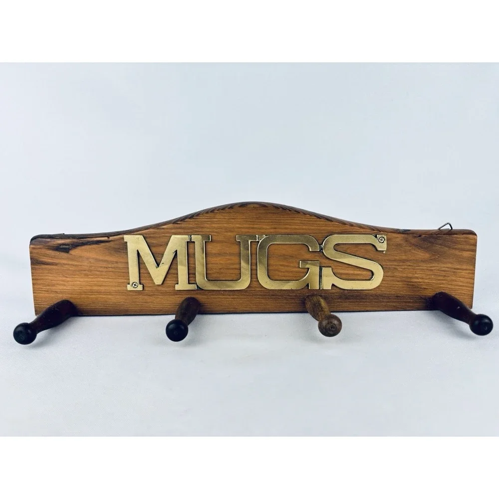 Vintage Cottage Granny Core Maximalist KMART Wood Brass Coffee Cup Mug Peg Rack